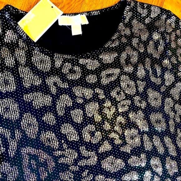 MICHAEL KORS BLACK & SILVER METALLIC LEOPARD PRINT SHIFT DRESS L NWT - Picture 3 of 16